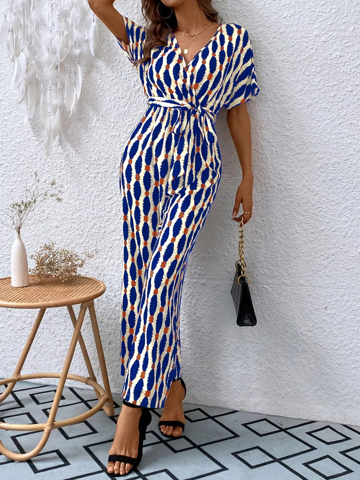 Printed Surplice Tie Waist Short Sleeve Jumpsuit - Lilixa.store