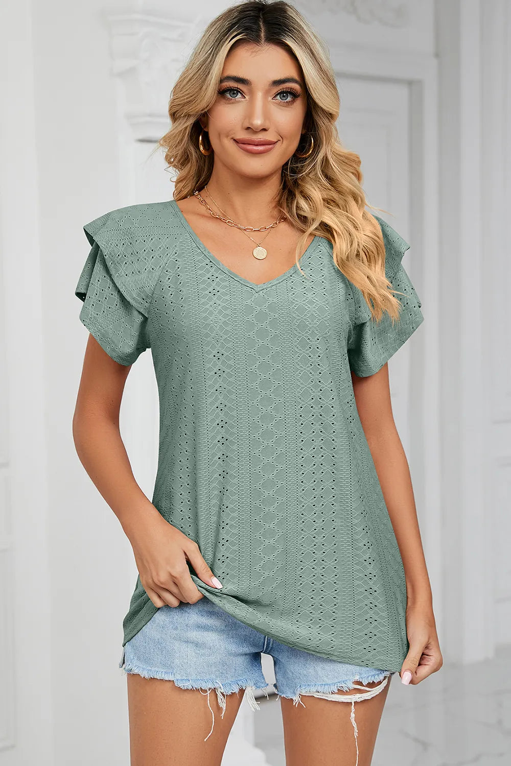 Eyelet V-Neck Short Sleeve T-Shirt - Lilixa.store