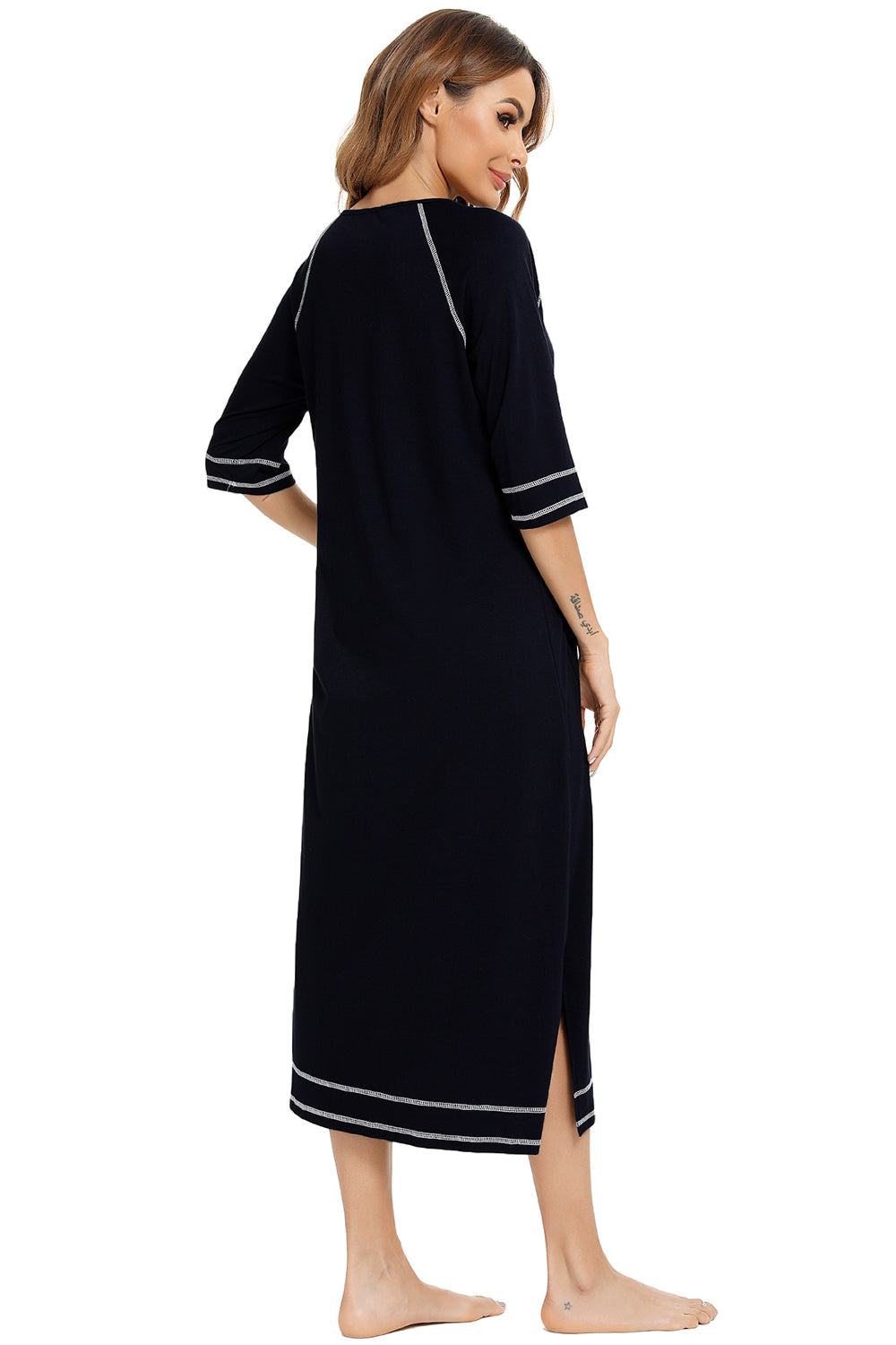 Zip Up Slit Round Neck Night Dress with Pockets, view 19