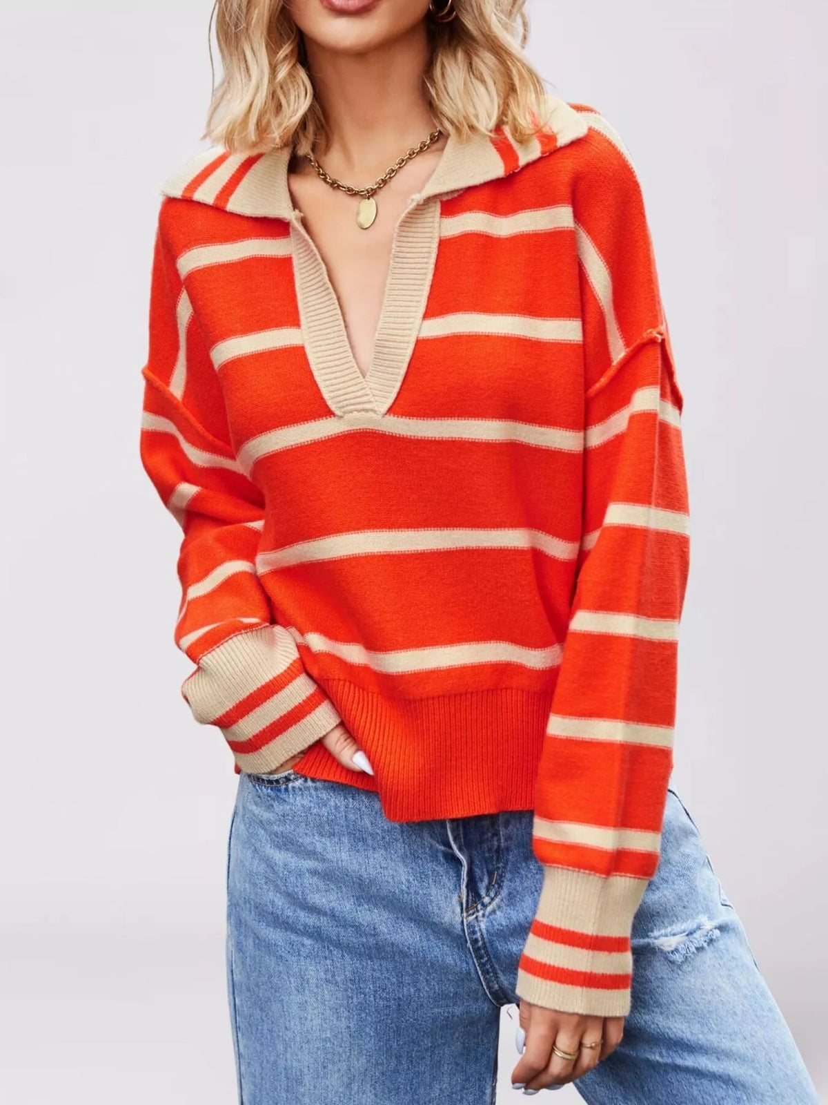 Striped Johnny Collar Dropped Shoulder Sweater - Lilixa.store
