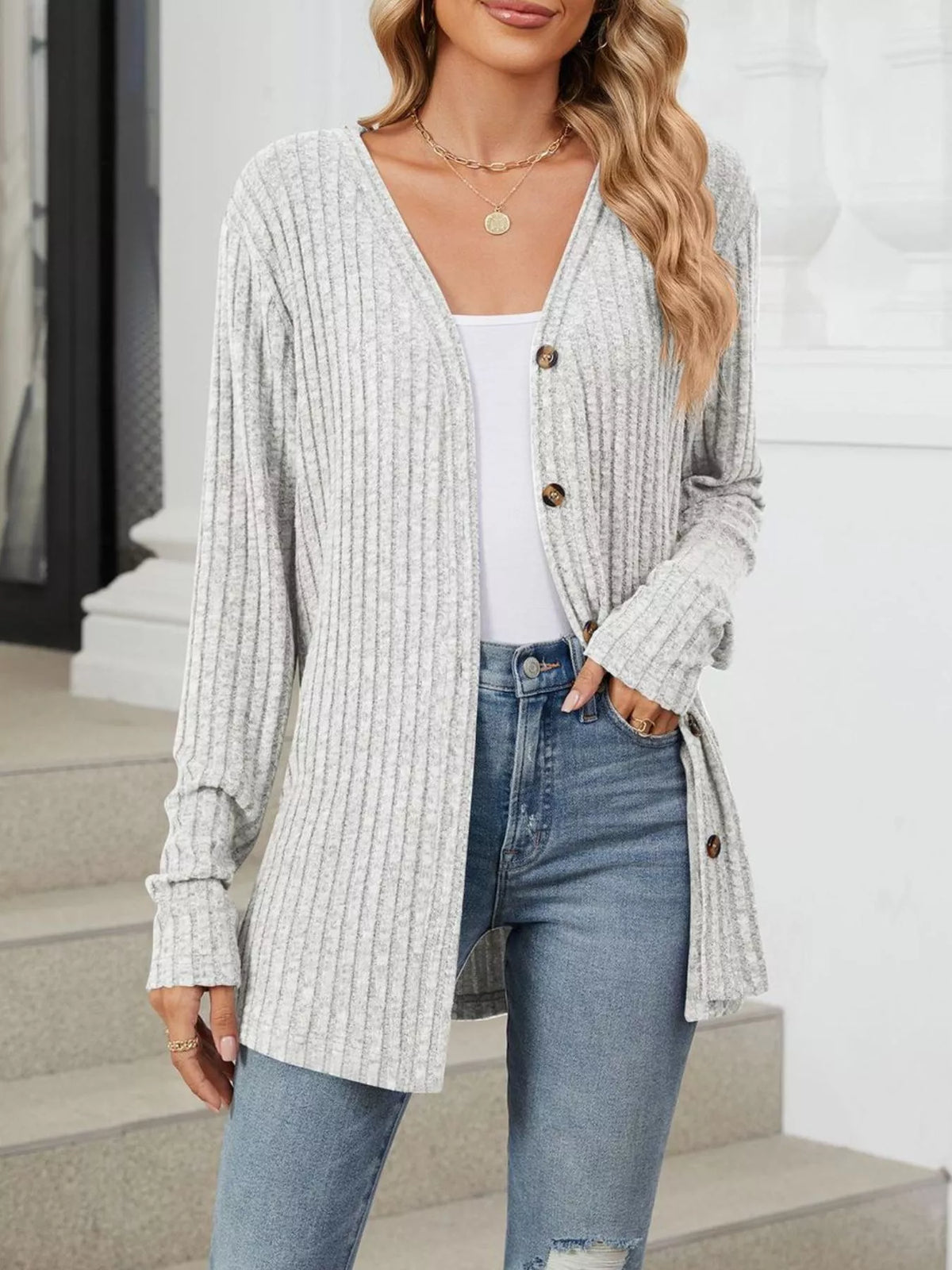Ribbed Button-Up Cardigan - Lilixa.store