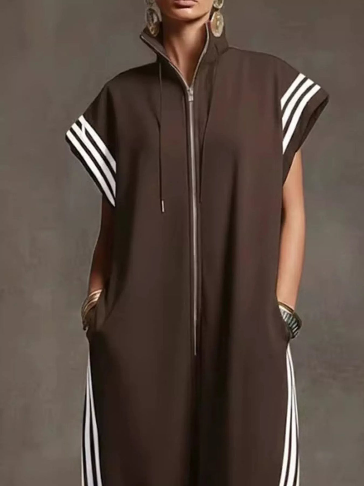 Full Size Side Stripe Zip-Front Wide Leg Jumpsuit Plus Size