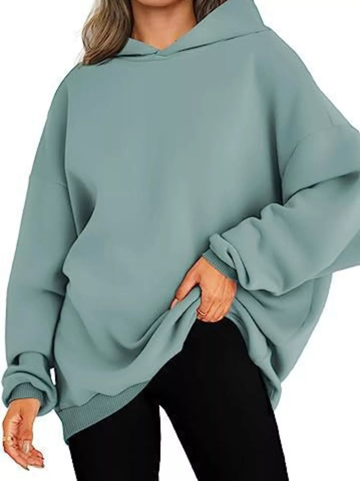 Drop Shoulder Long Sleeve Hoodie in Light Green