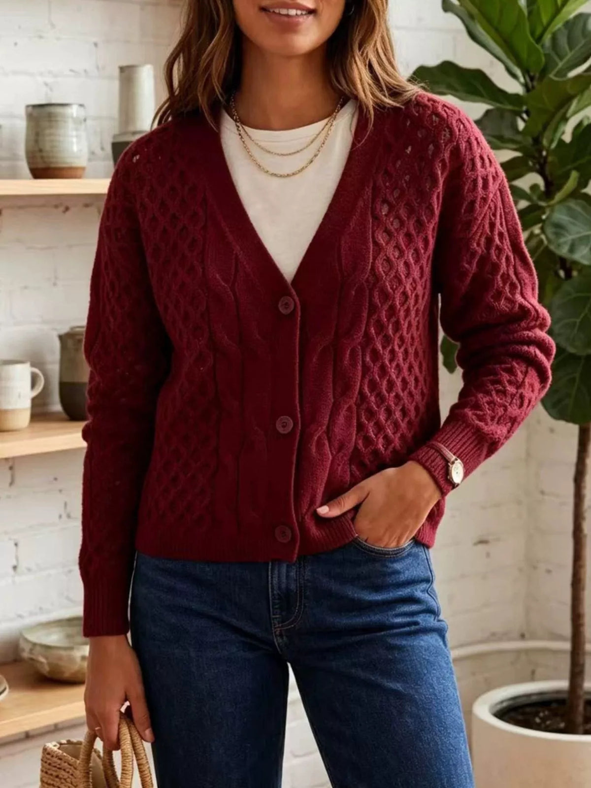 Cable-Knit V-Neck Button-Down Cardigan in Wine Red