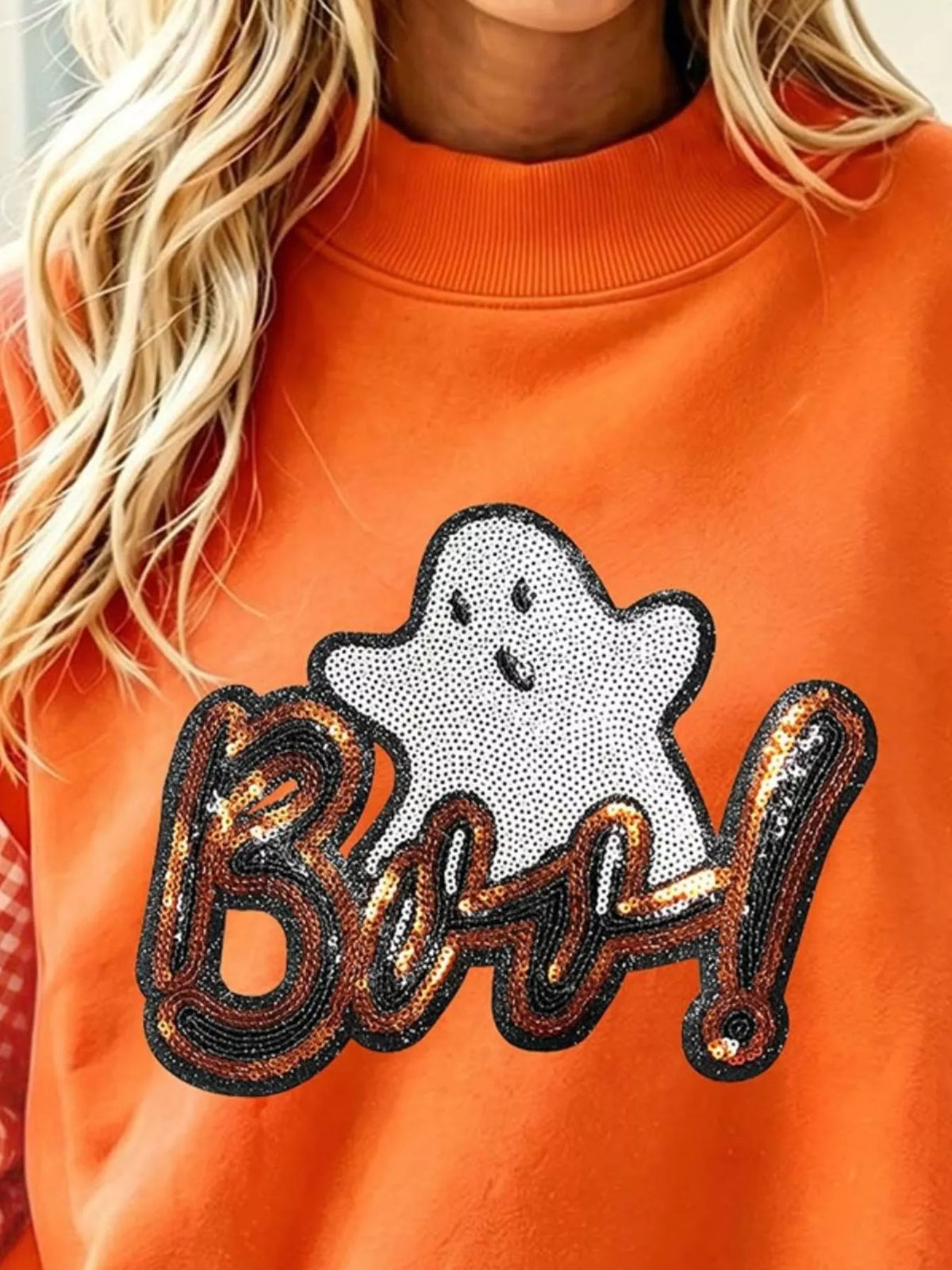 Boo Sequin Ghost Plaid Patchwork Sleeve Halloween Sweatshirt - Lilixa.store