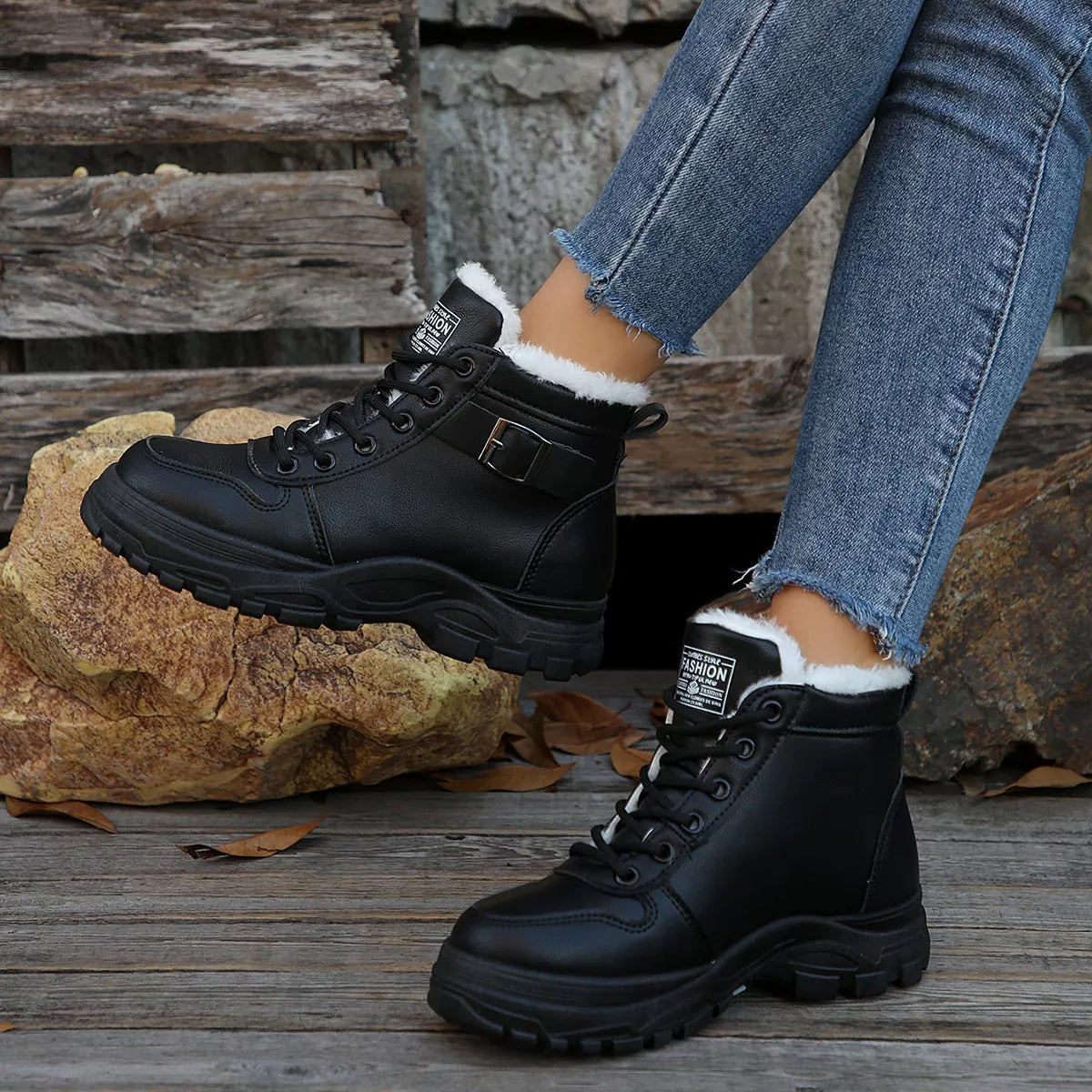 Lace-Up Ankle Boots with Buckle Detail