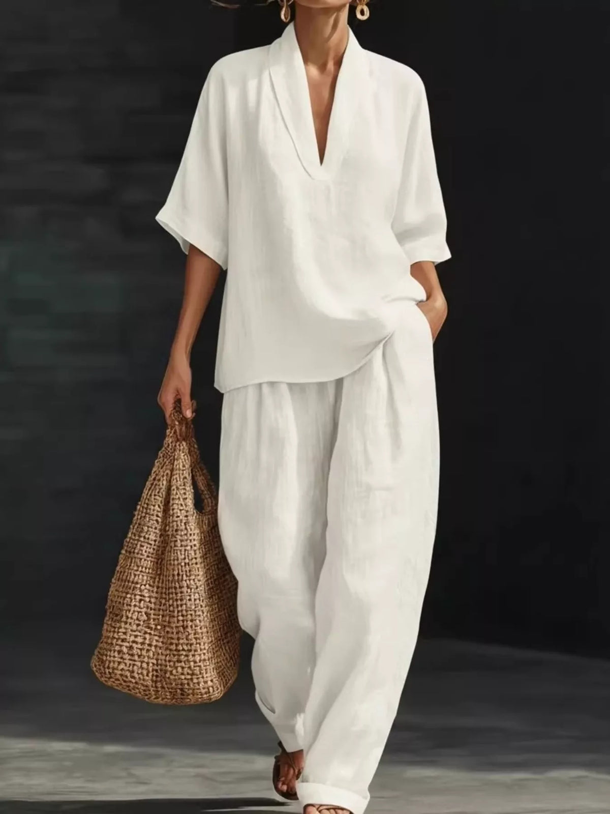 Full Size Half Sleeve Top and Wide Leg Pants Set Plus Size