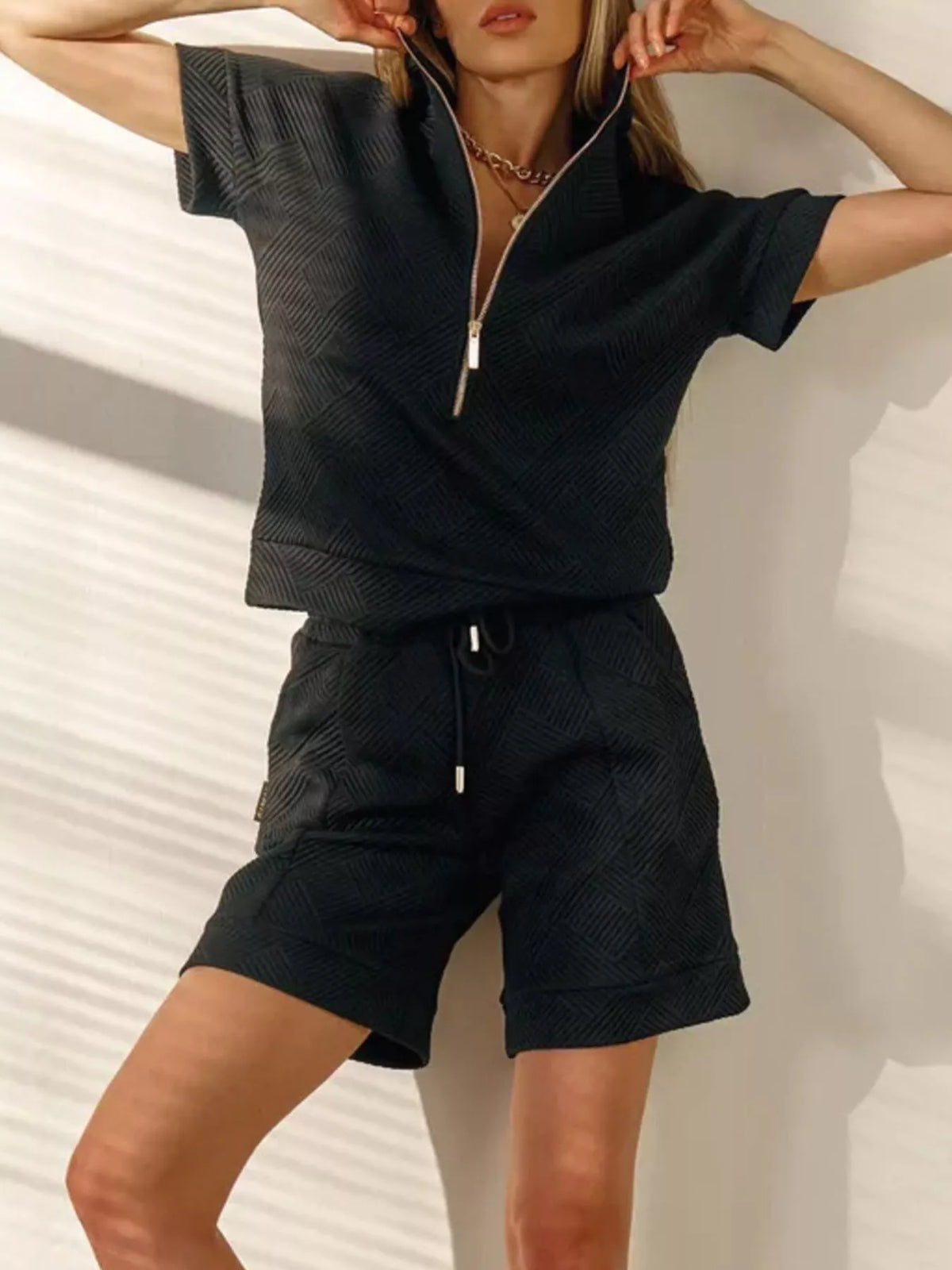 Half Zip Short Sleeve Top and Shorts Set - Lilixa.store