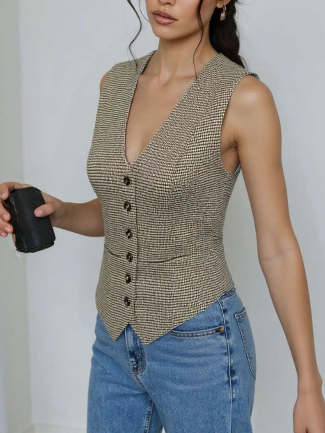 Plaid Button Down Vest in Mocha