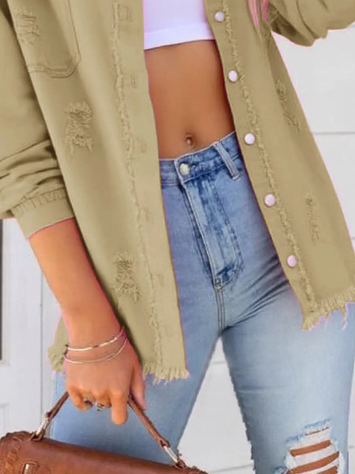 Distressed Denim Jacket with Frayed Edges - Lilixa.store