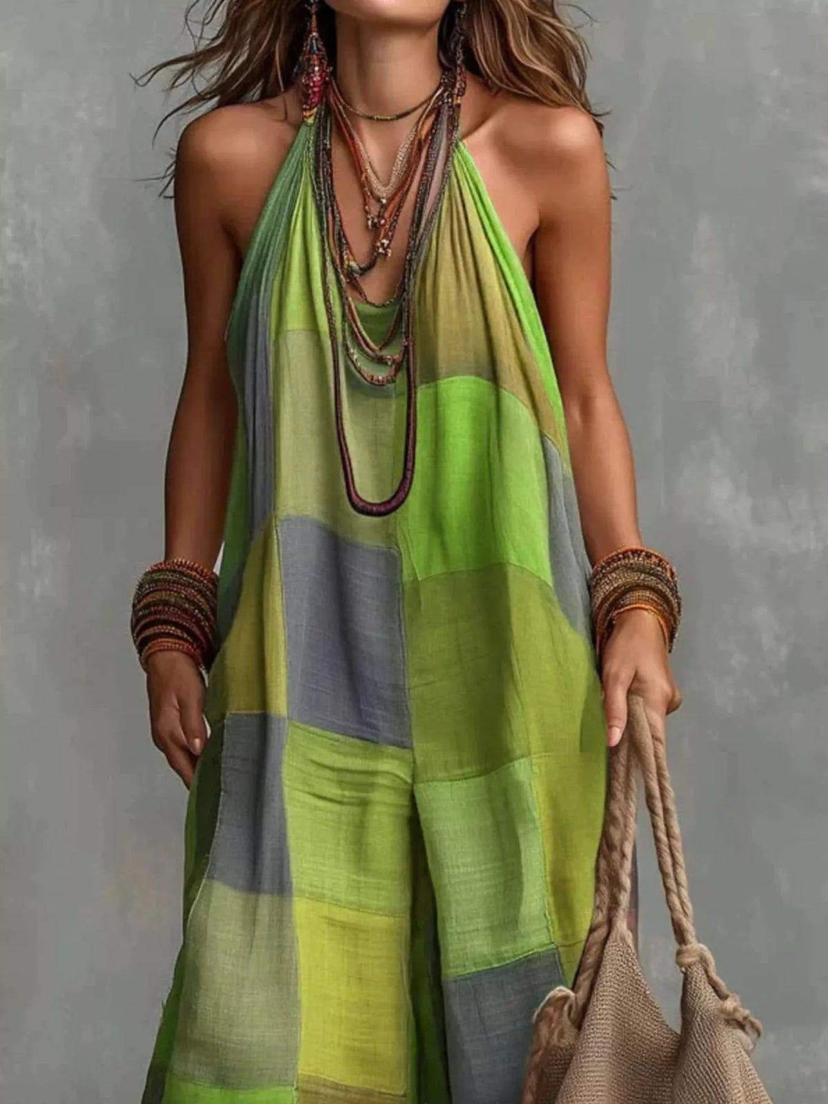 Full Size Plaid Halter Neck Wide-Leg Jumpsuit Plus Size