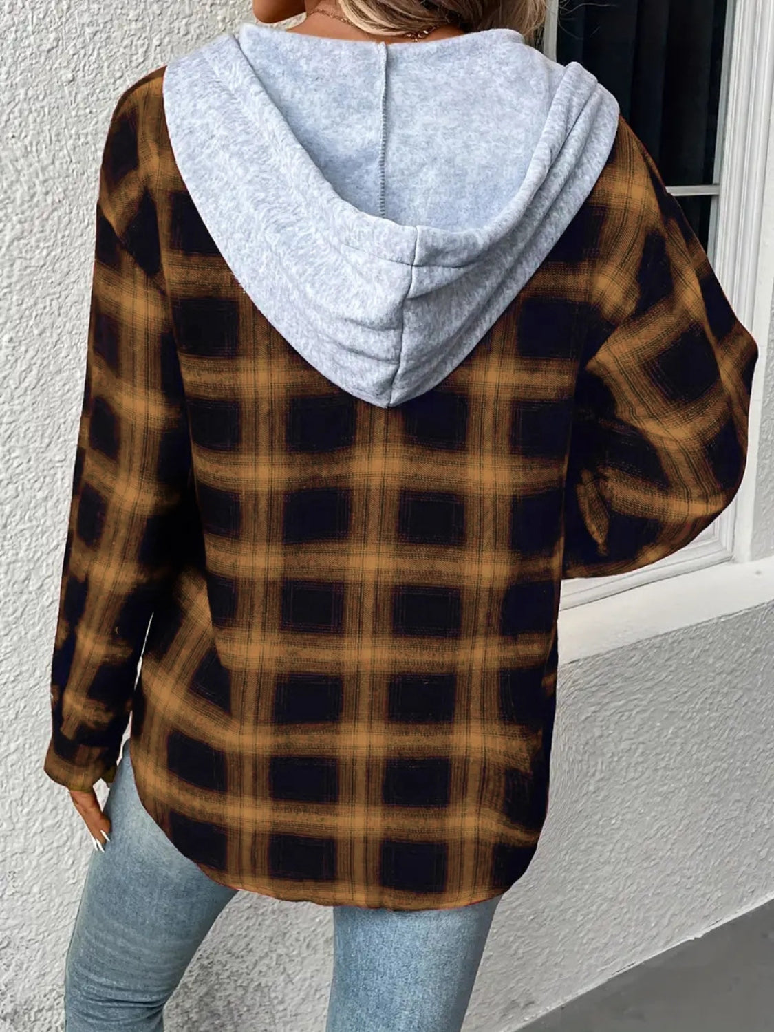 Plaid Drawstring Button Up Hooded Jacket, view 4