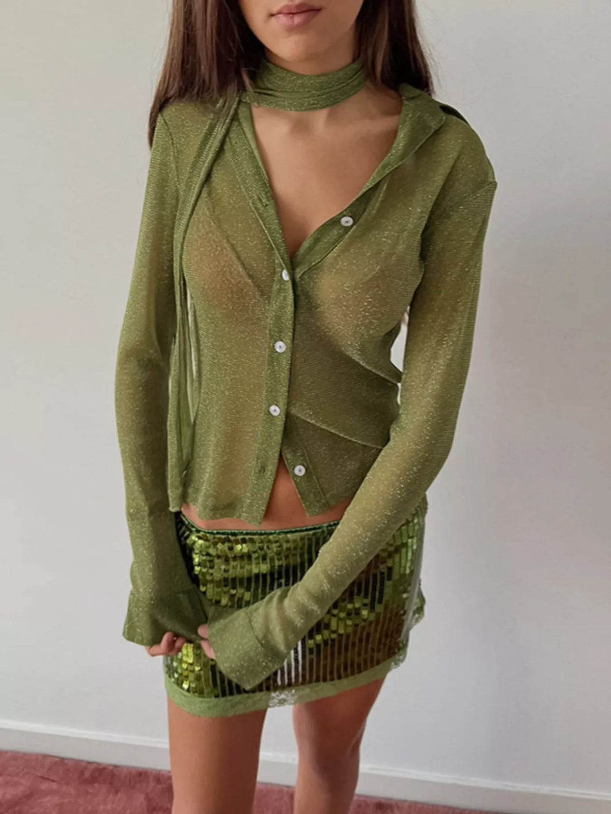 Button Down Long Sleeve Shirt with Scarf in Green