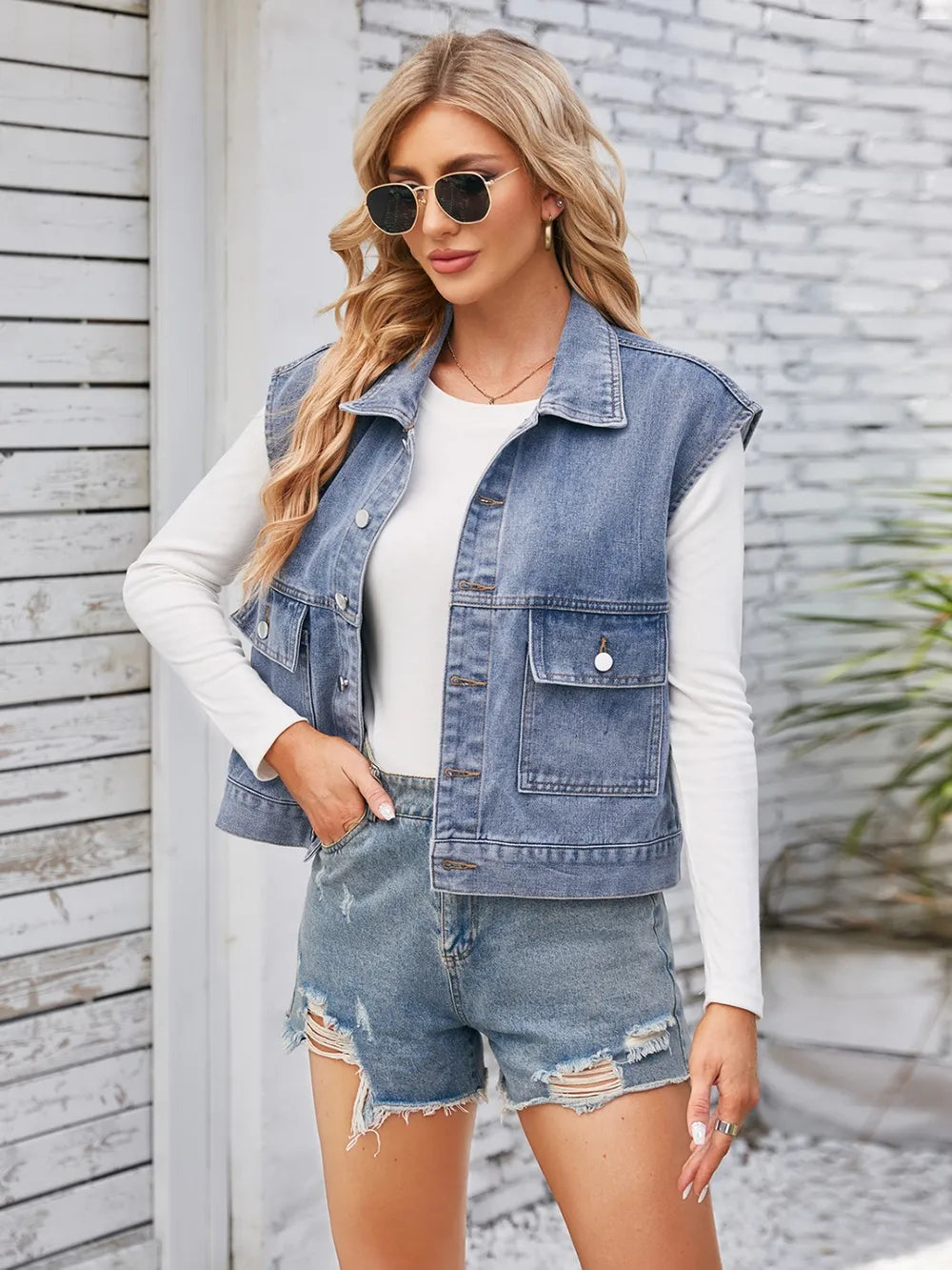 Cap Sleeve Denim Jacket with Pockets in Dusty Blue