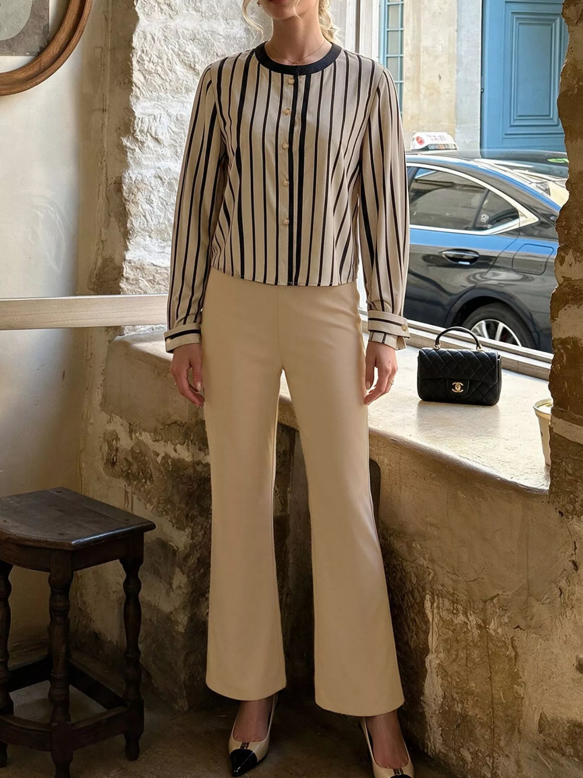 Striped Button-Down Shirt and High-Waisted Flare Pants Set in Khaki, view 2