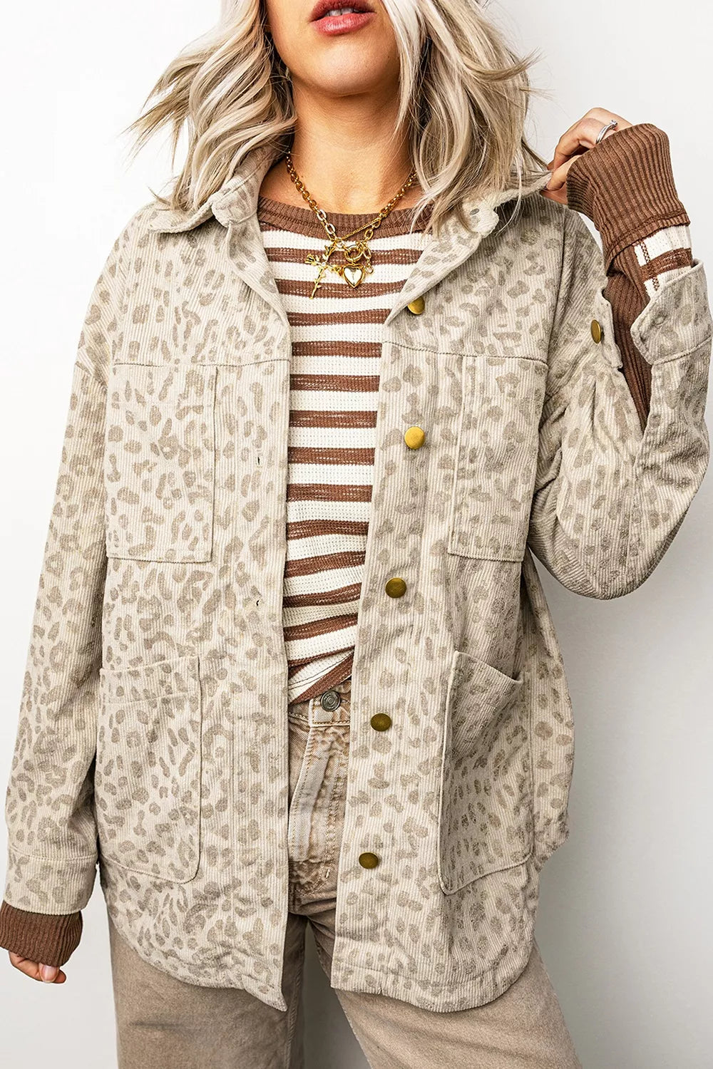 Leopard Print Corduroy Shirt Collar Long Sleeve Regular Fit Jacket in Khaki, view 4