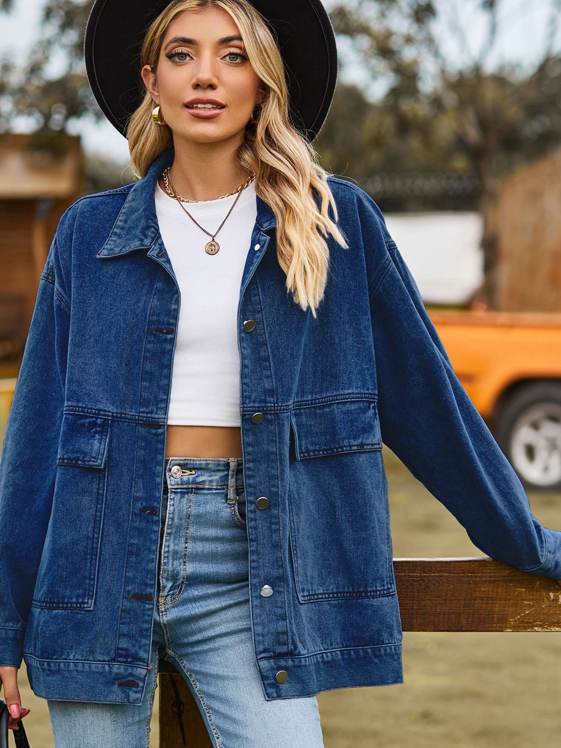 Dropped Shoulder Denim Jacket with Pockets in Dark Gray, view 4