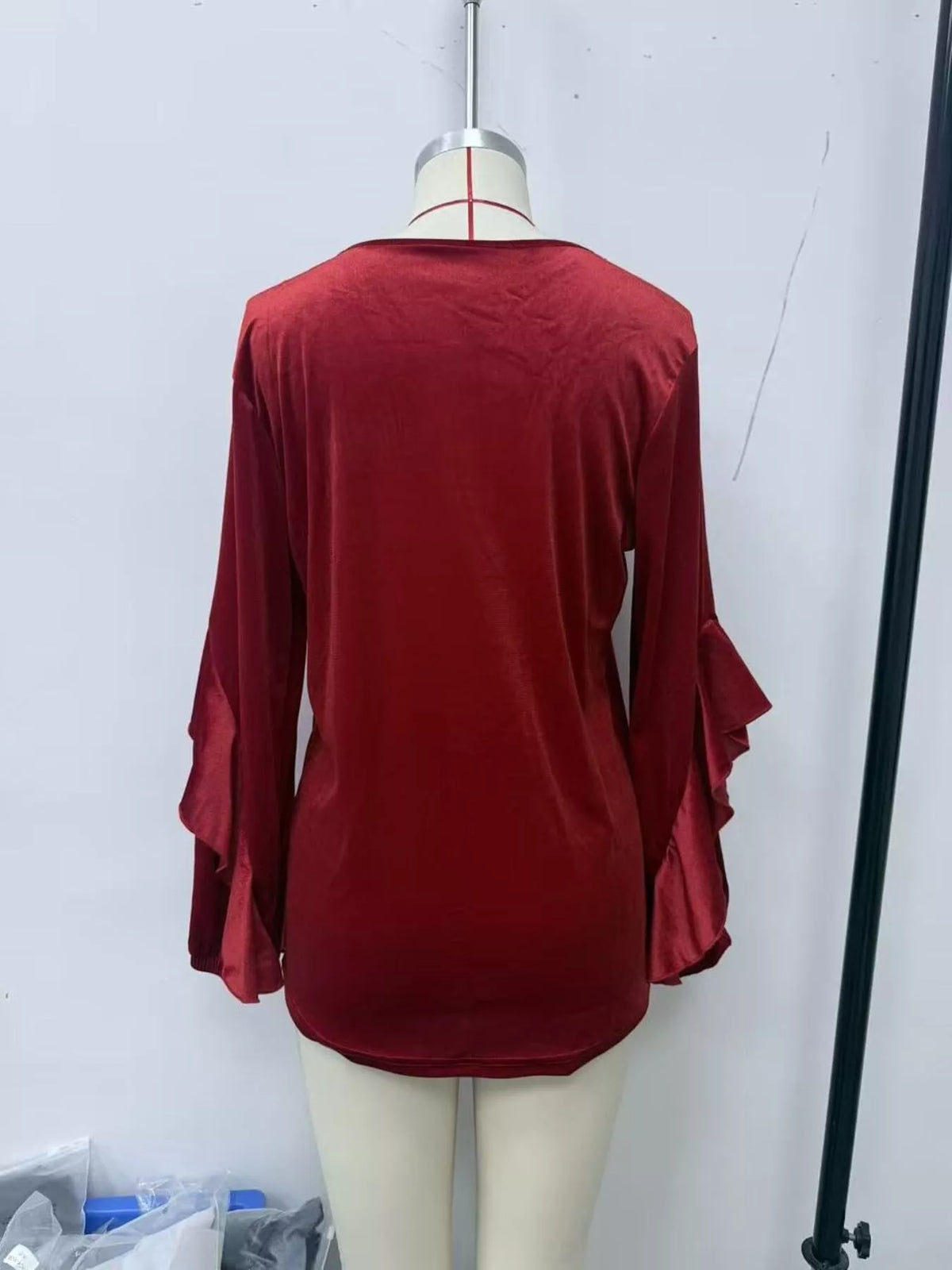 Velvet Round Neck Ruffle Sleeve Top