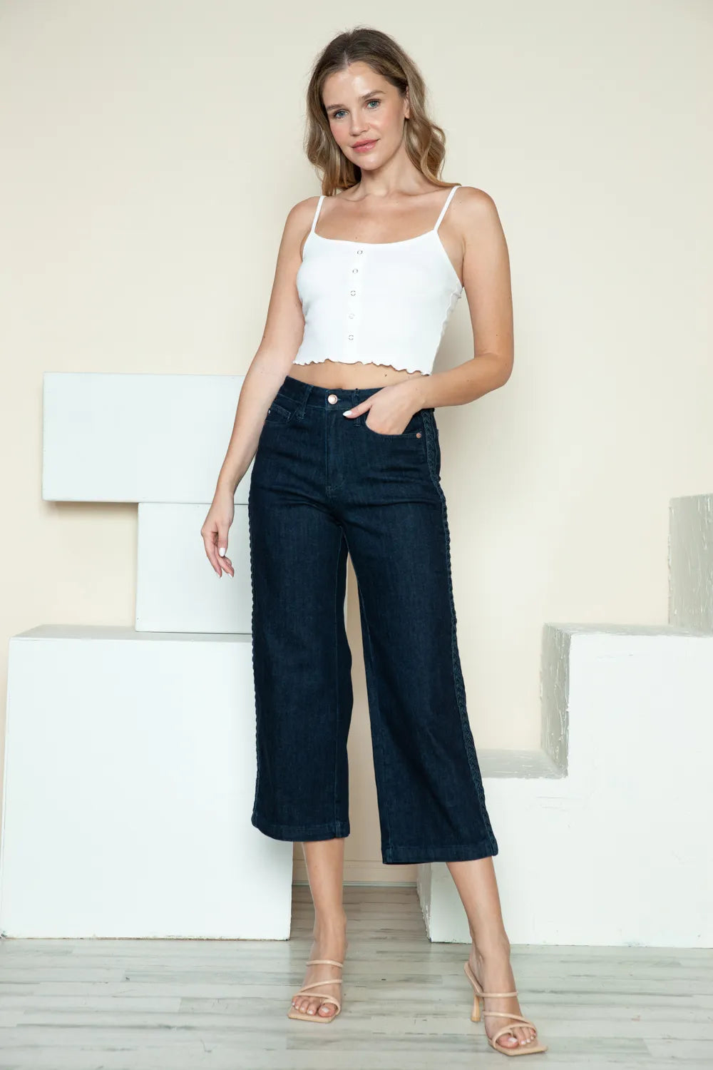 Judy Blue Full Size Side Seam Braid Detail Crop Wide Leg Jeans - Lilixa.store