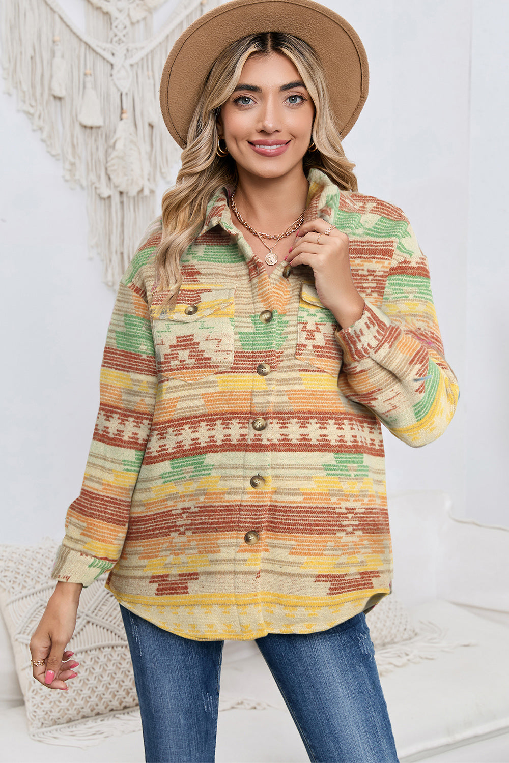 Geometric Button Down Collared Jacket - Lilixa.store