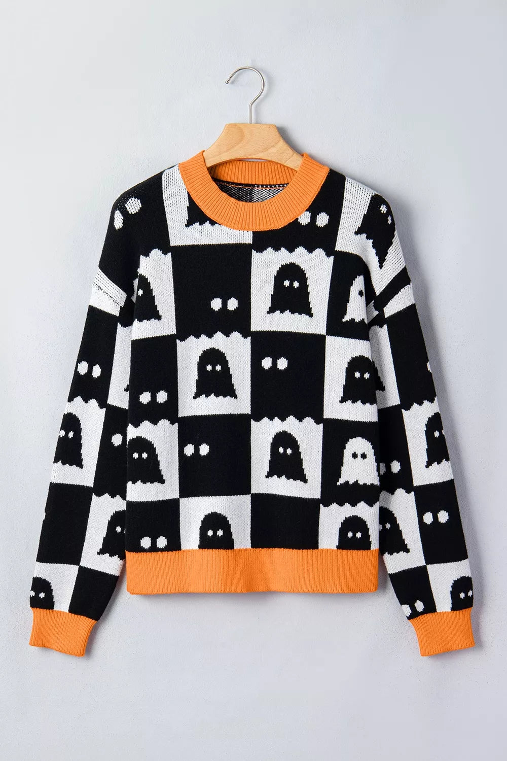 Halloween Ghost Pattern Checkerboard Sweater - Lilixa.store