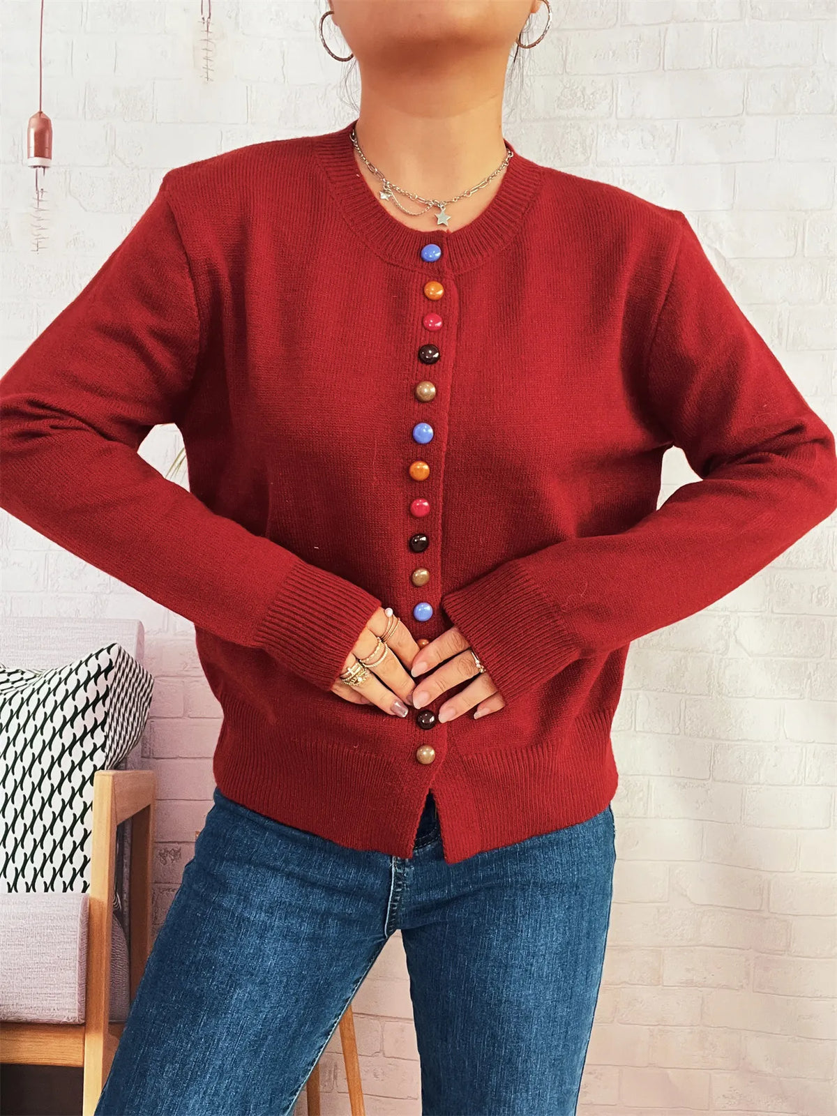Button-Front Cardigan with Colorful Detail Buttons - Lilixa.store
