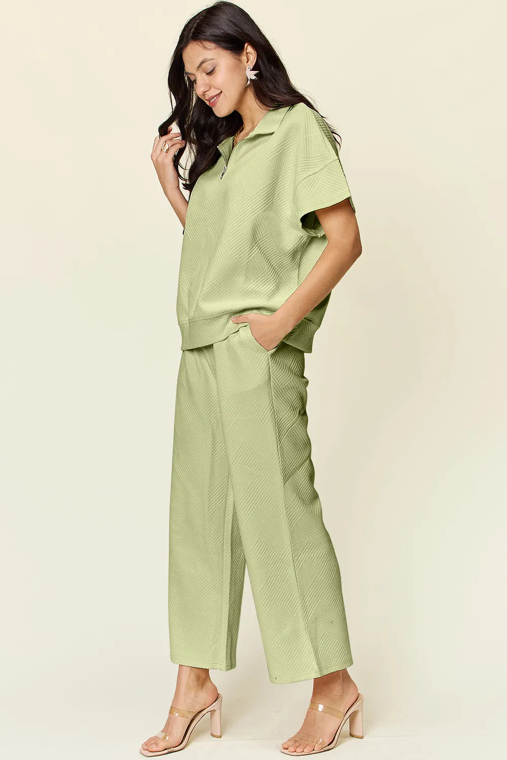Double Take Full Size Texture Half Zip Short Sleeve Top and Pants Set, view 6