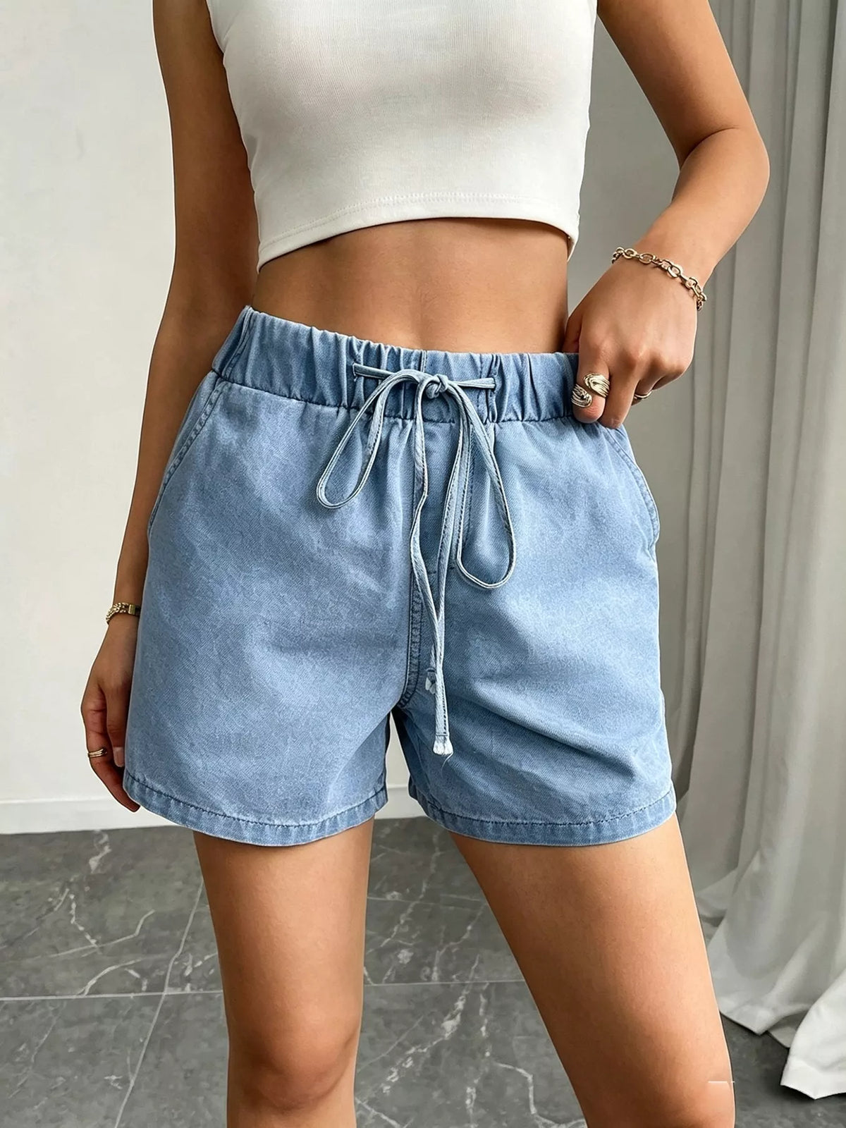 Drawstring High Waist Denim Shorts - Lilixa.store