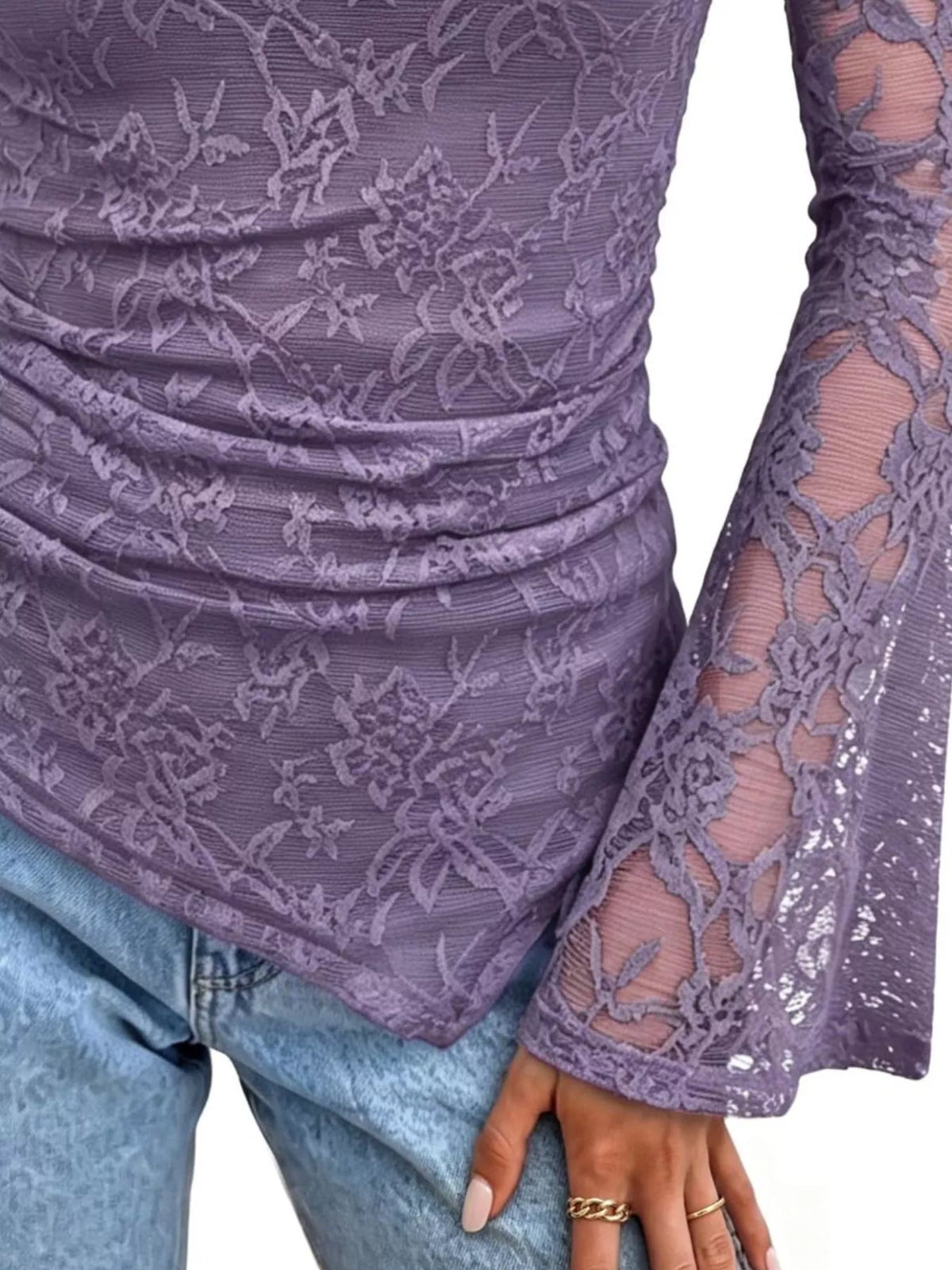 Floral Lace Long Sleeve Blouse with Flared Cuffs, view 10