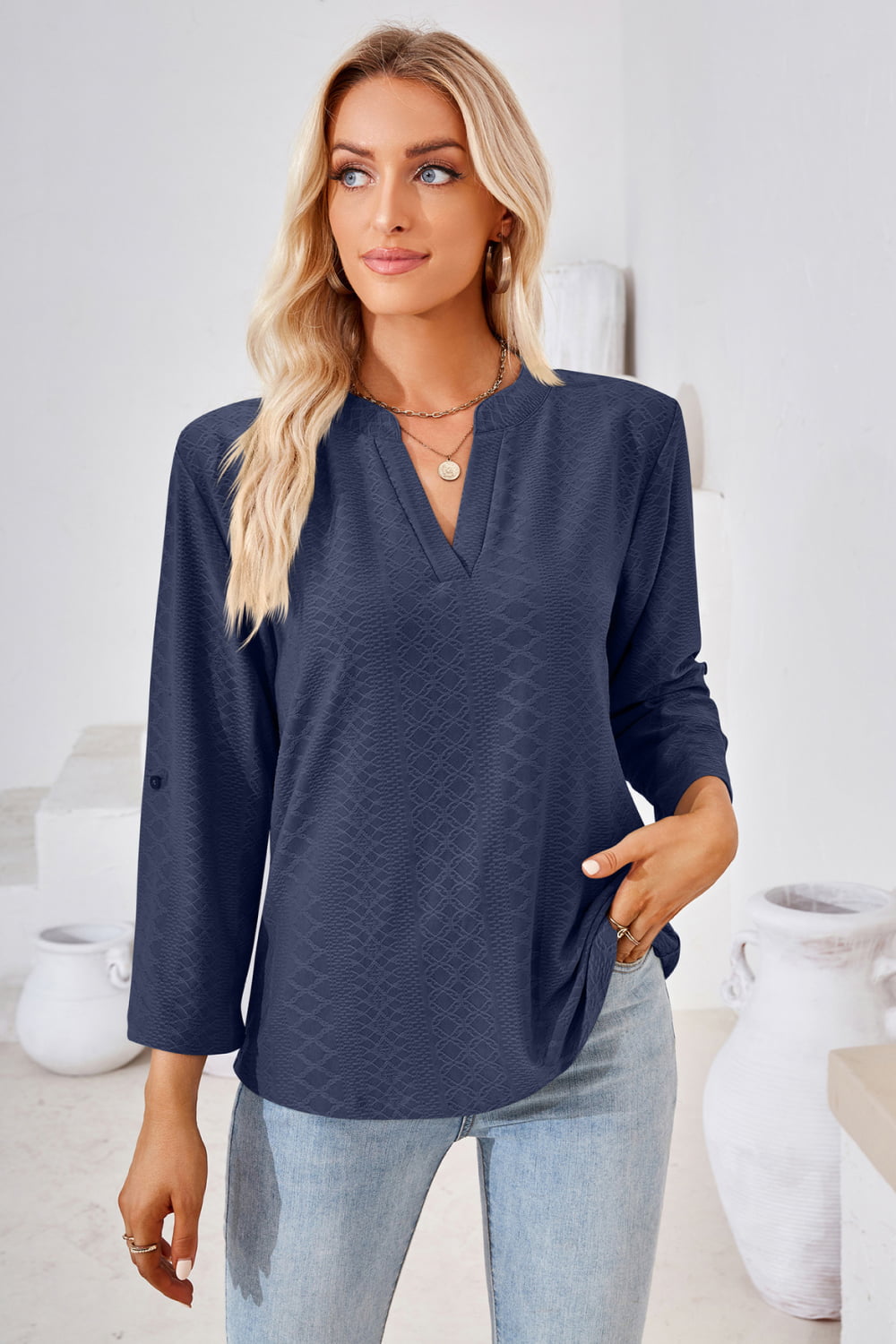 V-Neck Roll-Tap Sleeve Blouse in Dark Blue