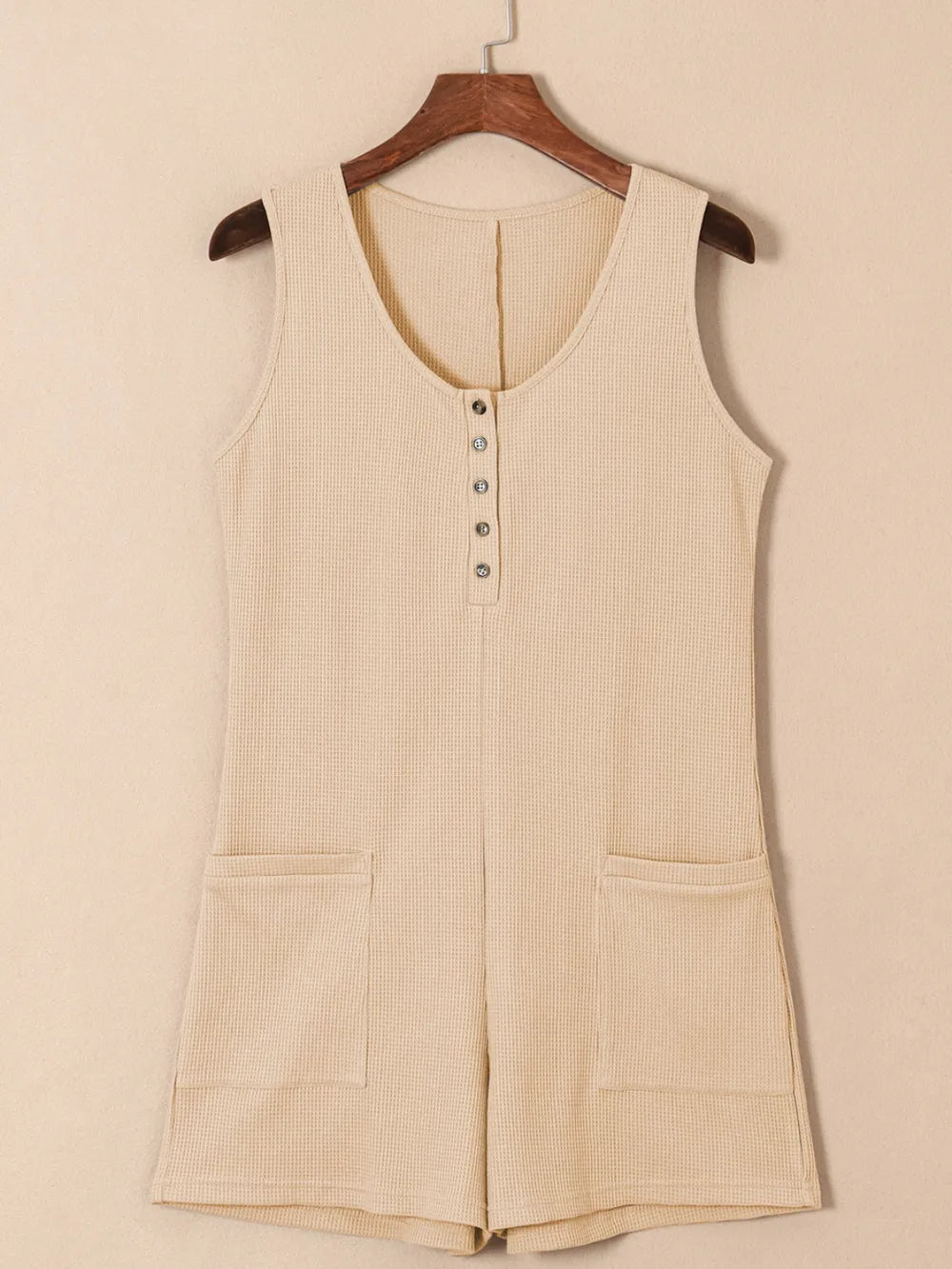 Waffle-Knit Half Button Sleeveless Romper with Pockets - Lilixa.store