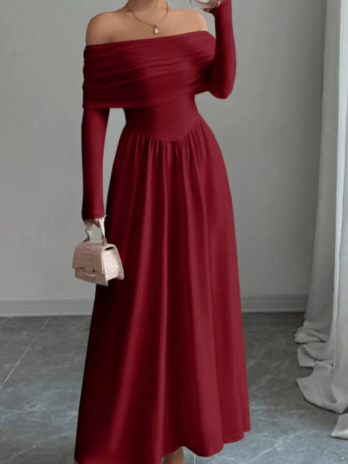 Off-Shoulder Long Sleeve Maxi Dress - Lilixa.store