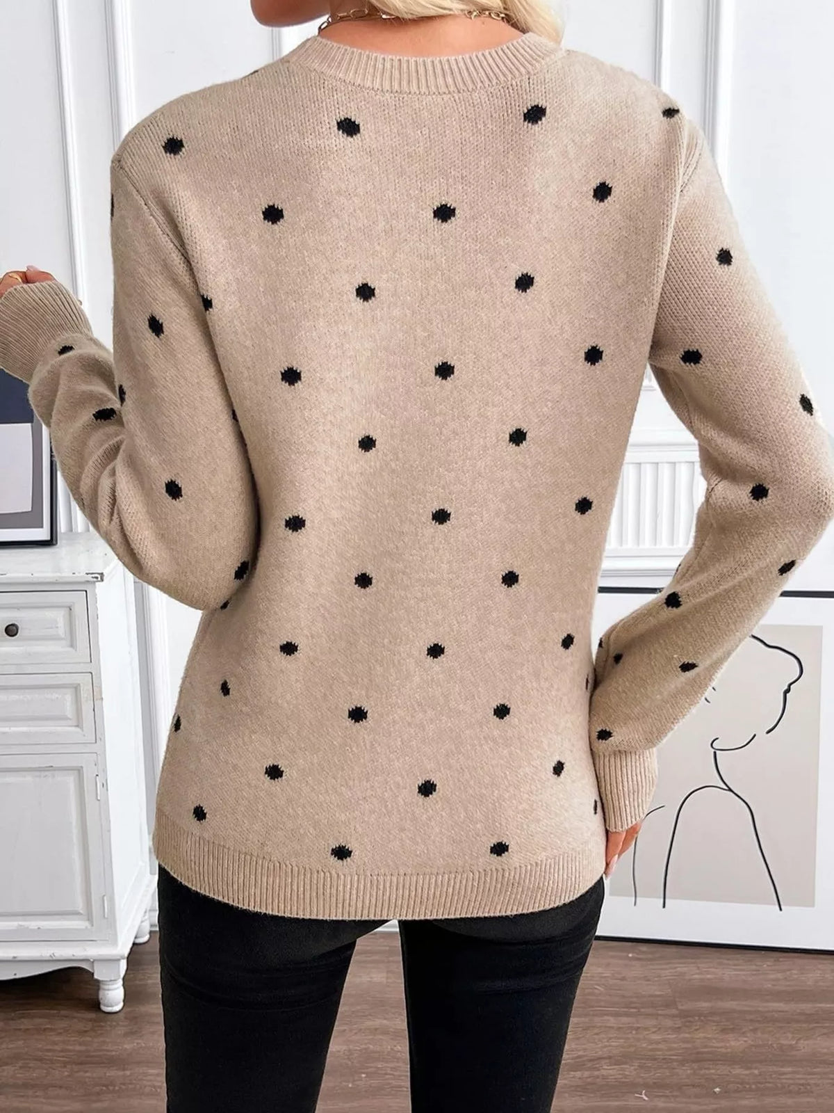 Polka Dot Crew Neck Sweater - Lilixa.store