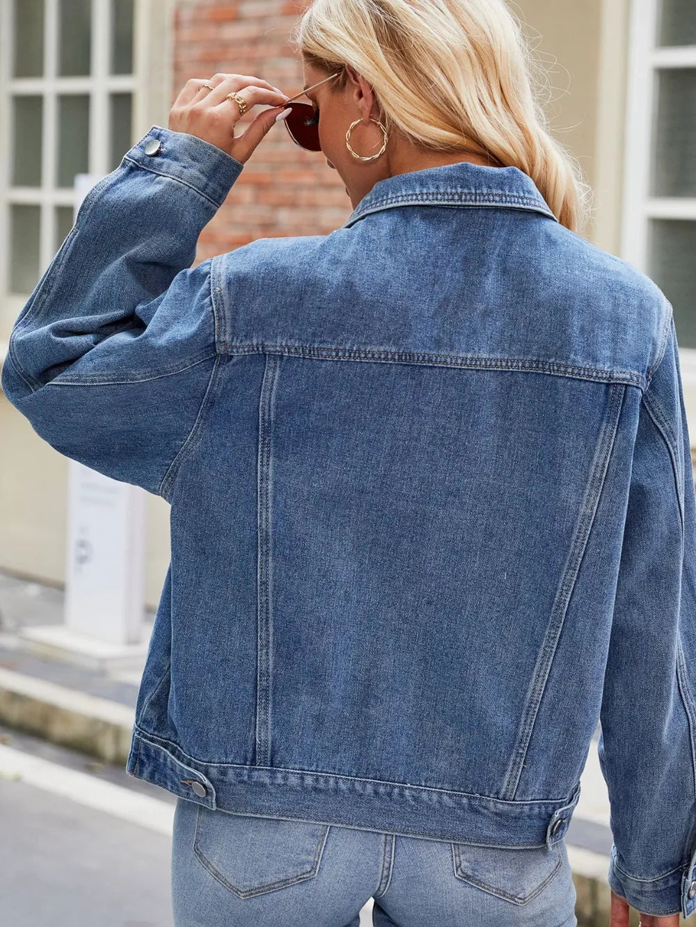 Pocketed Collared Neck Denim Jacket in Black, view 6