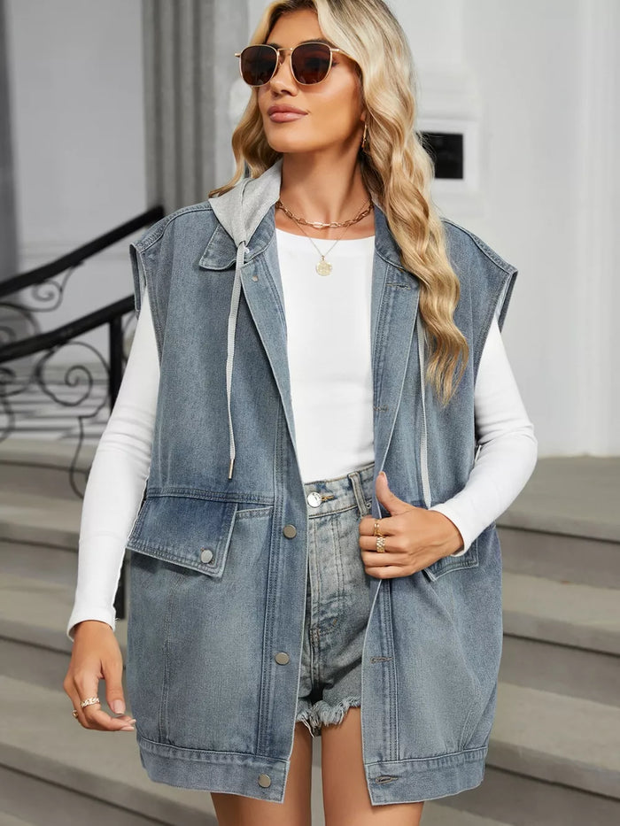 Removable Hood Button Up Cap Sleeve Denim Jacket in Black