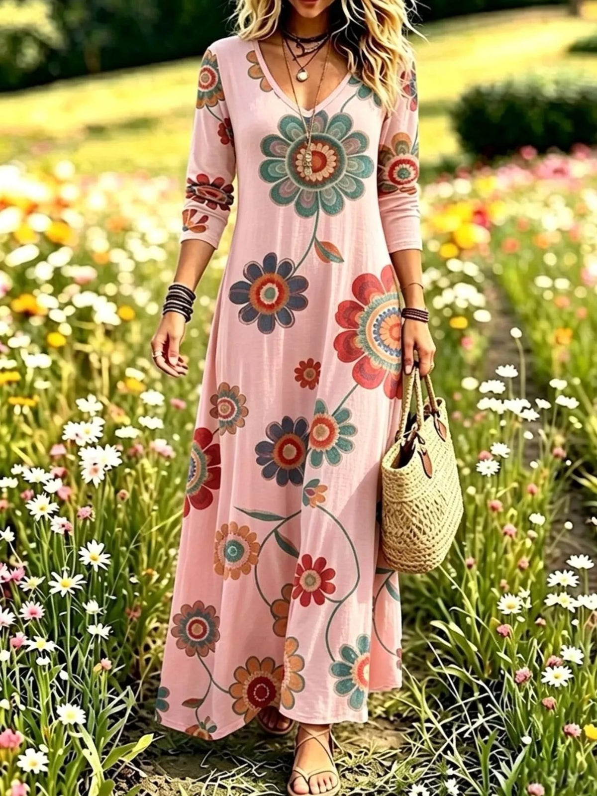 Floral Print V-Neck Long Sleeve Maxi Dress