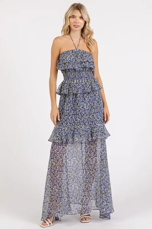 Mittoshop Ruffled Smocked Floral Halter Neck Maxi Dress - Lilixa.store