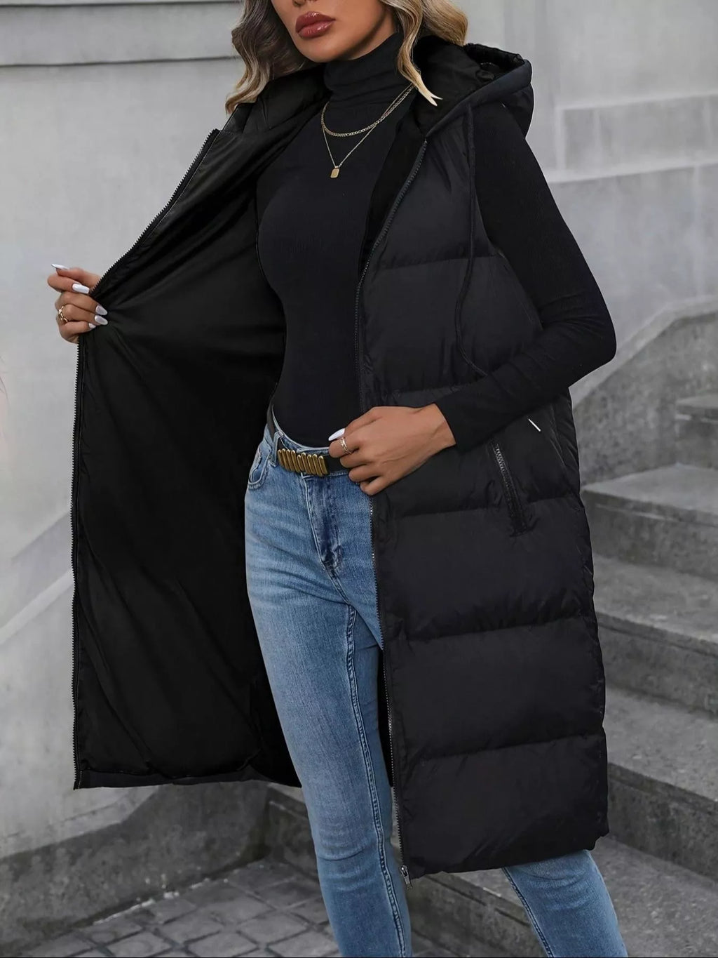 Longline Padded Hooded Vest Coat - Lilixa.store
