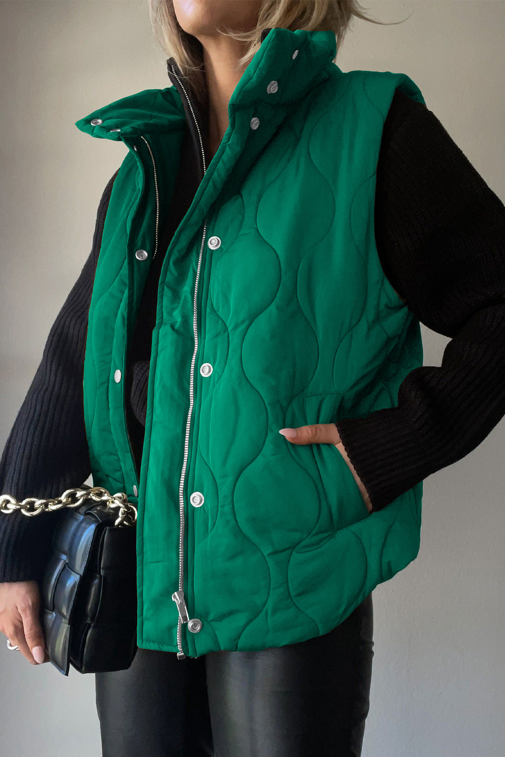 Collared Neck Vest with Pockets in Green