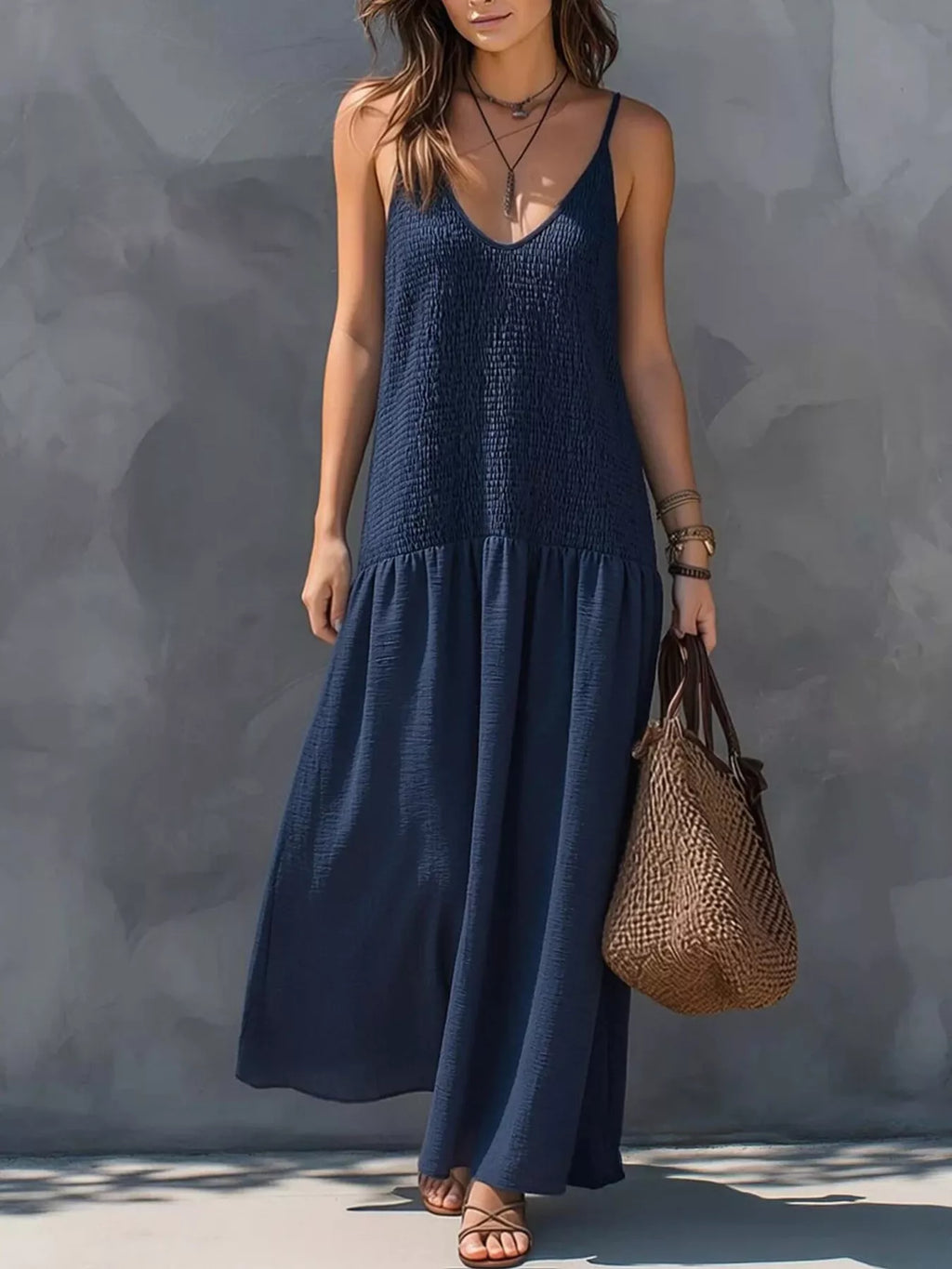 Sleeveless Smocked V-Neck Casual Maxi Dress - Lilixa.store