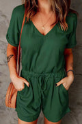 Full Size Drawstring V-Neck Short Sleeve Romper - Lilixa.store