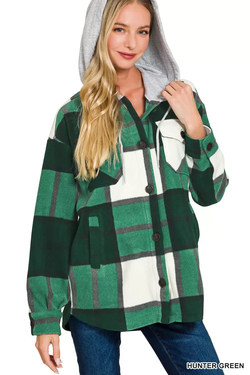 Zenana Plaid Drawstring Hooded Fleece Shacket in Hunter Green, view 4