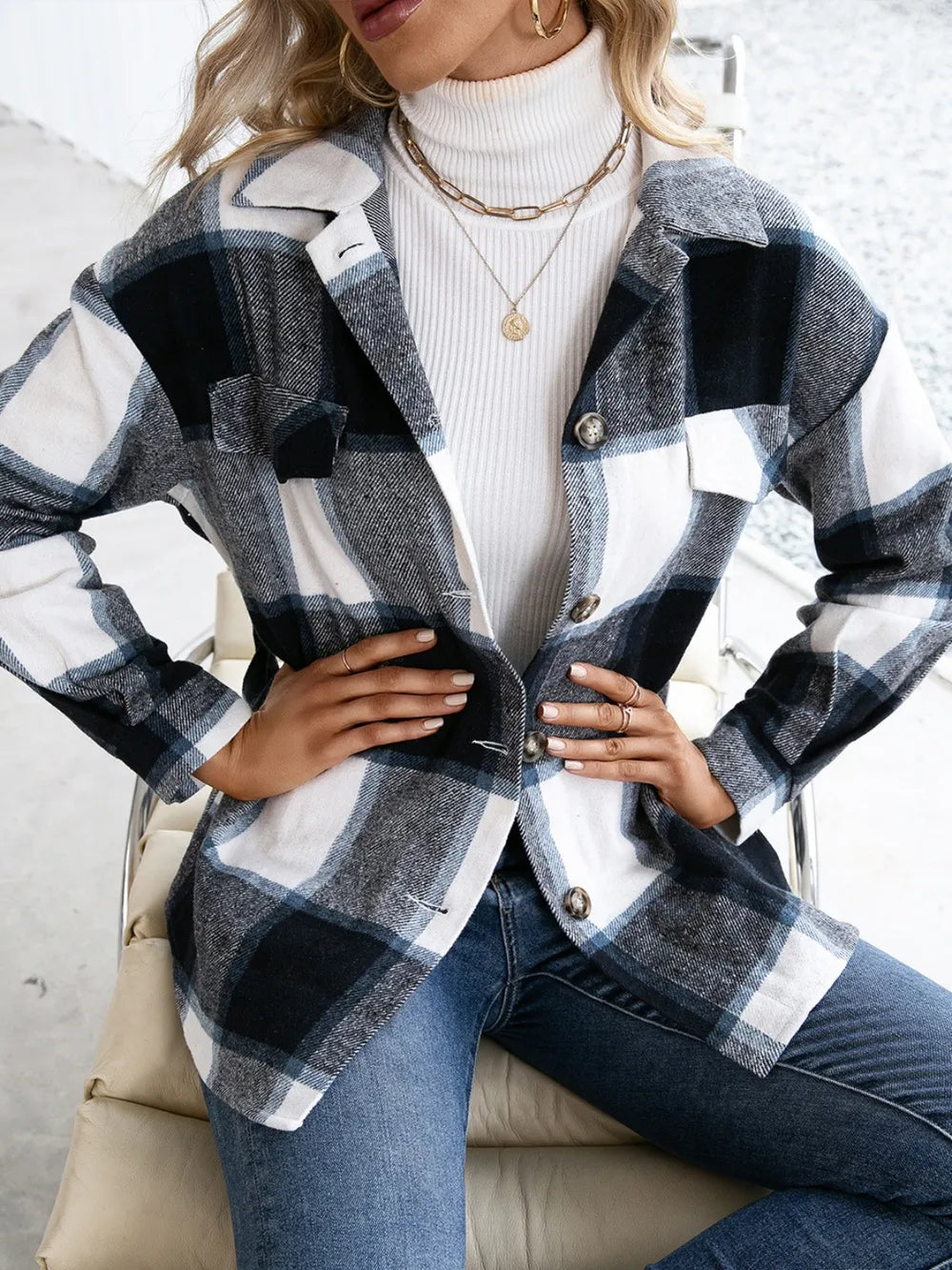 Ivy Lane Plaid Button Up Long Sleeve Shacket in Black, view 5