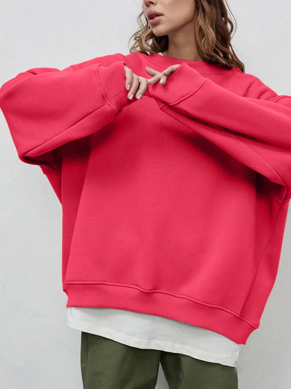 Round Neck Dropped Shoulder Long Sleeve Sweatshirt in Hot Pink