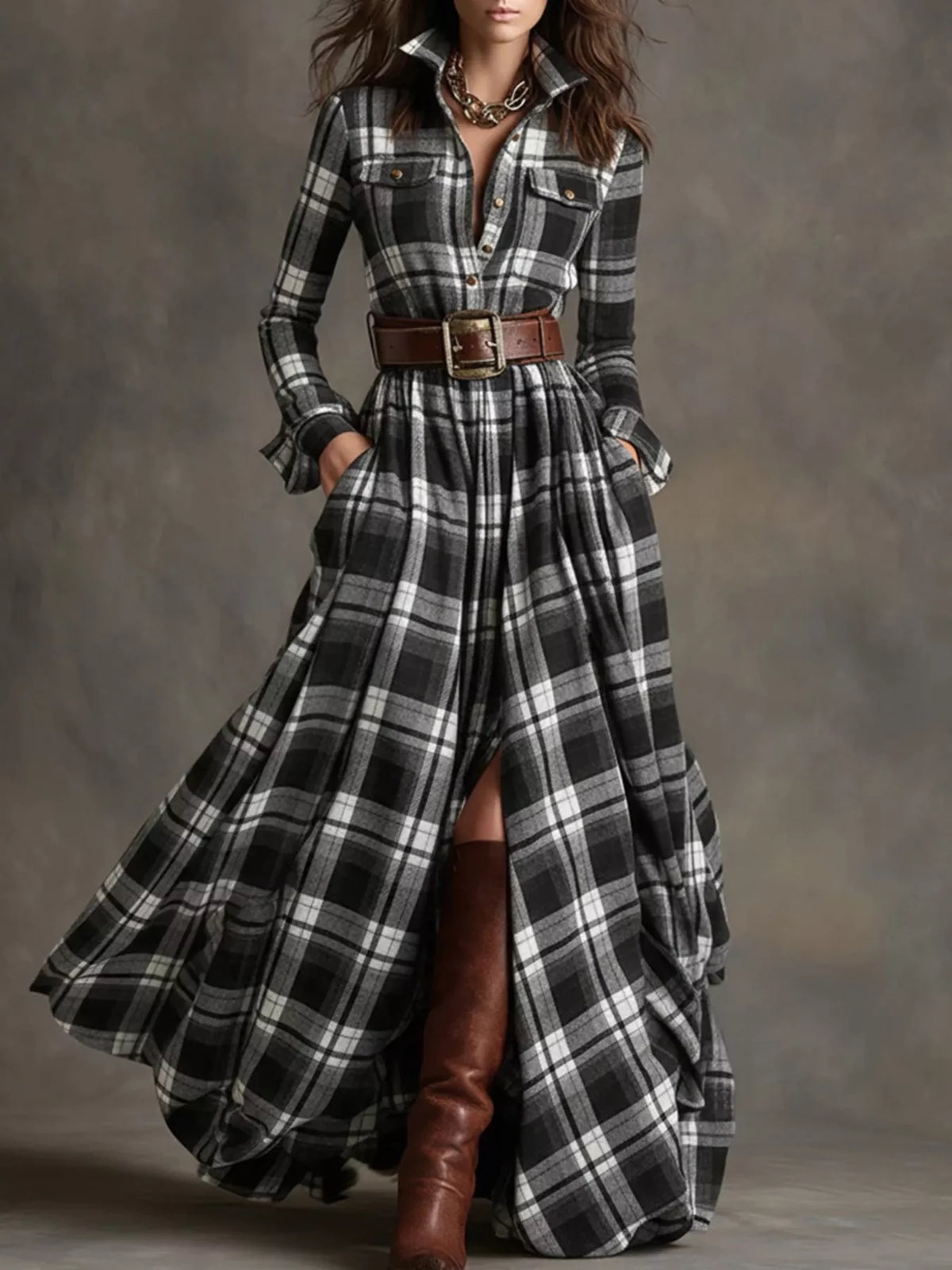 Full Size Plaid Long Sleeve Shirt Maxi Dress Plus Size