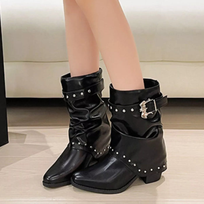 Rivet Embellished Slouchy Mid-Calf Boots in Black