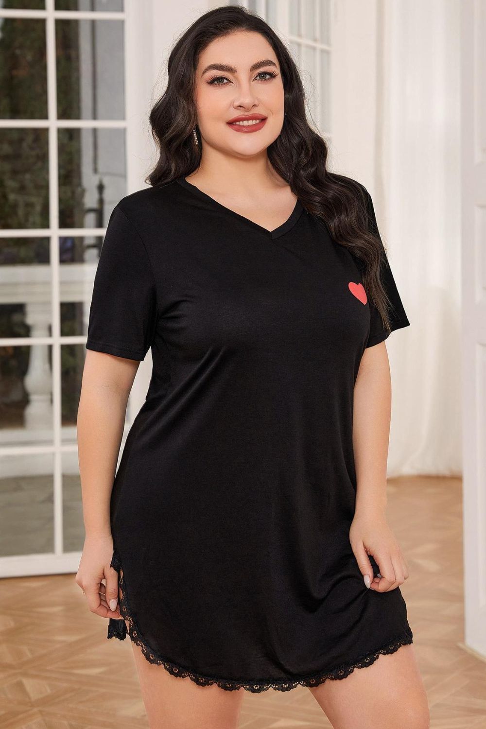 Plus Size Lace Trim V-Neck Short Sleeve Night Dress - Lilixa.store