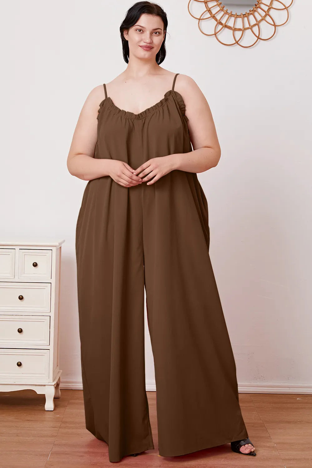 Double Take Full Size Ruffle Trim Tie Back Cami Jumpsuit with Pockets - Lilixa.store