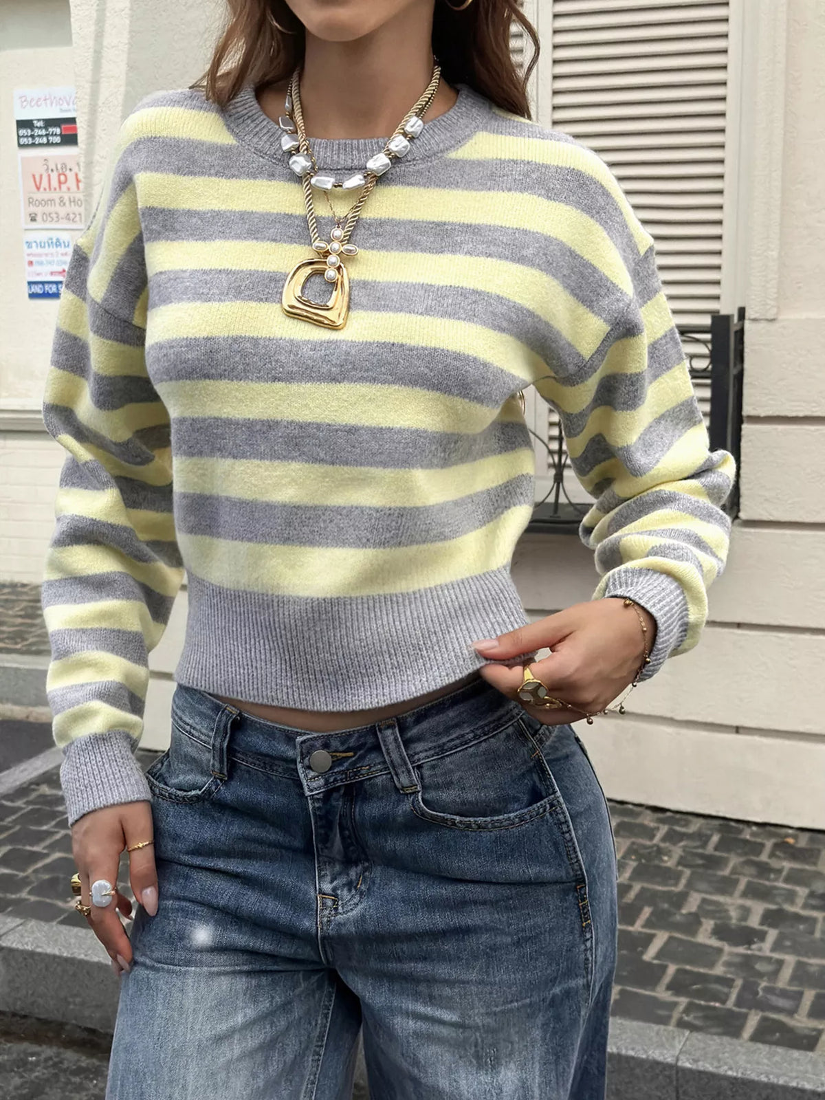 Casual Striped Cropped Sweater - Lilixa.store