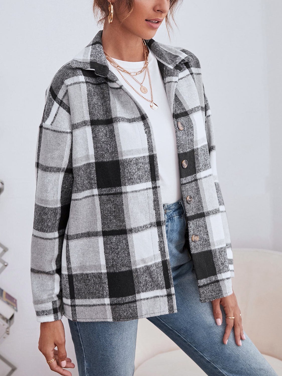 Plaid Collared Neck Button Down Jacket, view 7